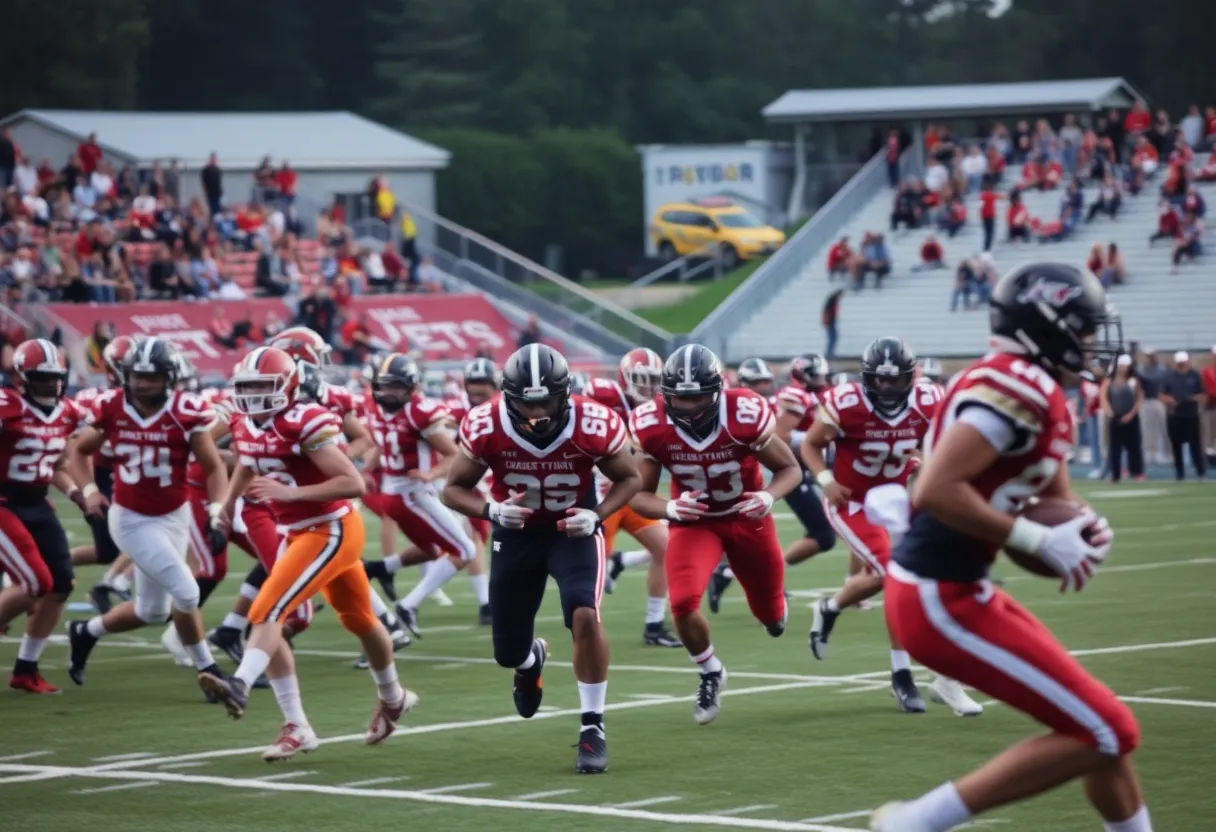 High school football players in action during a game in South Carolina