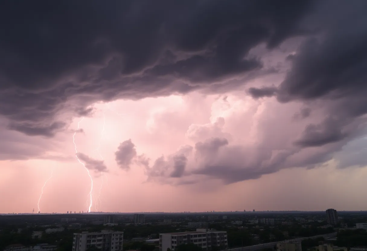 Dark storm clouds and lightning over a Spartanburg skyline
