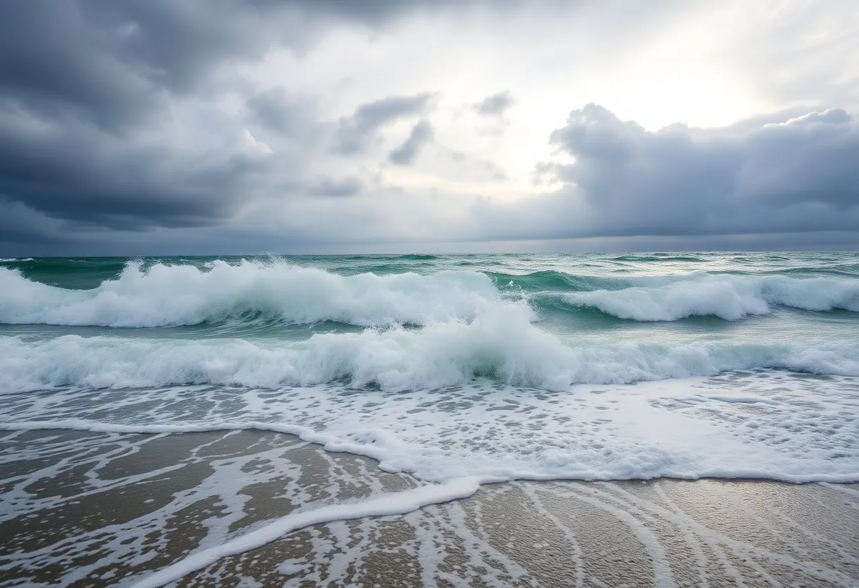 Waves crashing on shore with storm clouds during Hurricane Erin