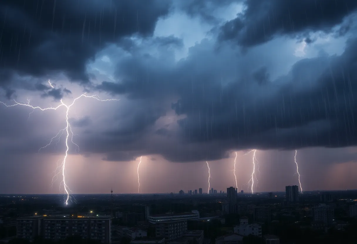 Dark storm clouds with flashes of lightning over Columbia, South Carolina