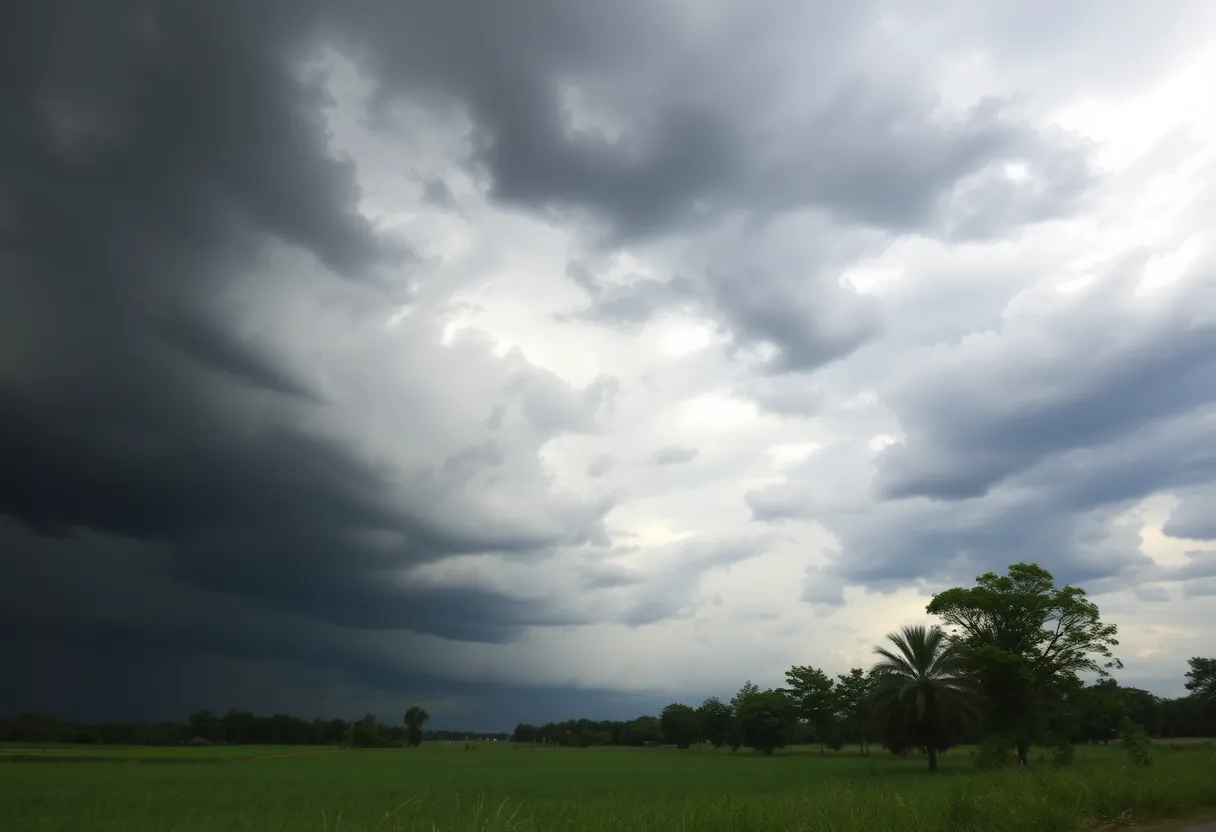 Severe thunderstorms approaching Laurens and Union counties with dark clouds