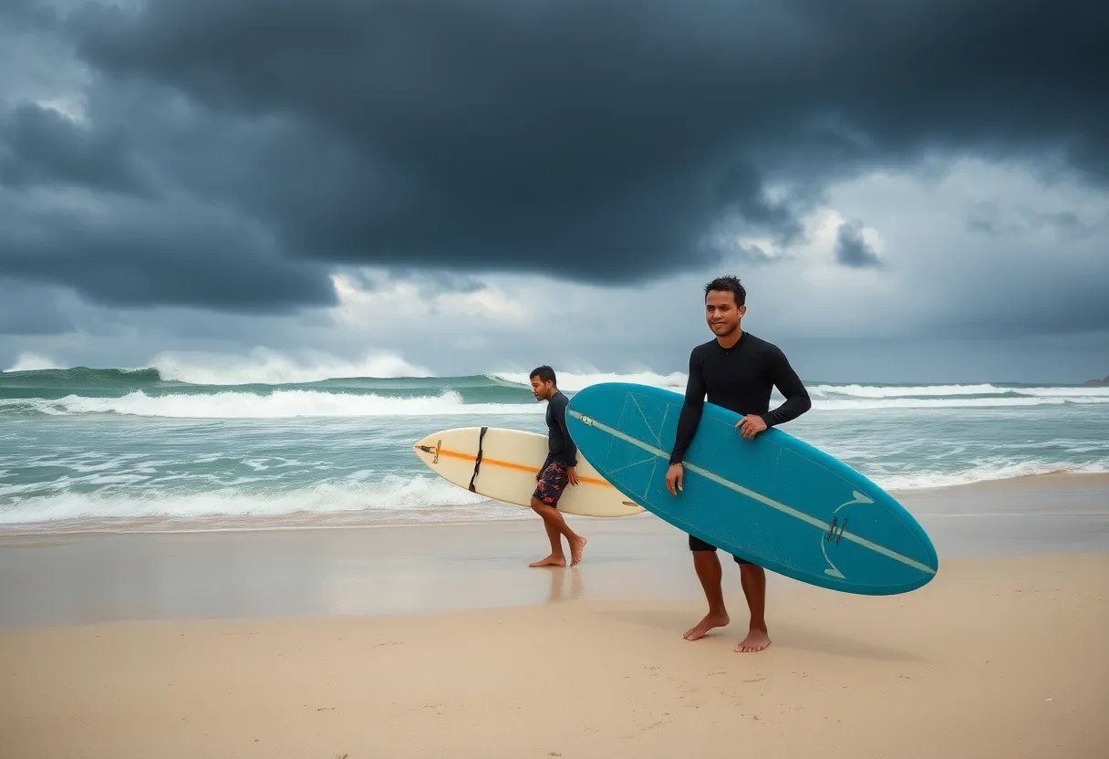 Local surfers prepare for waves as Hurricane Erin approaches the coast.