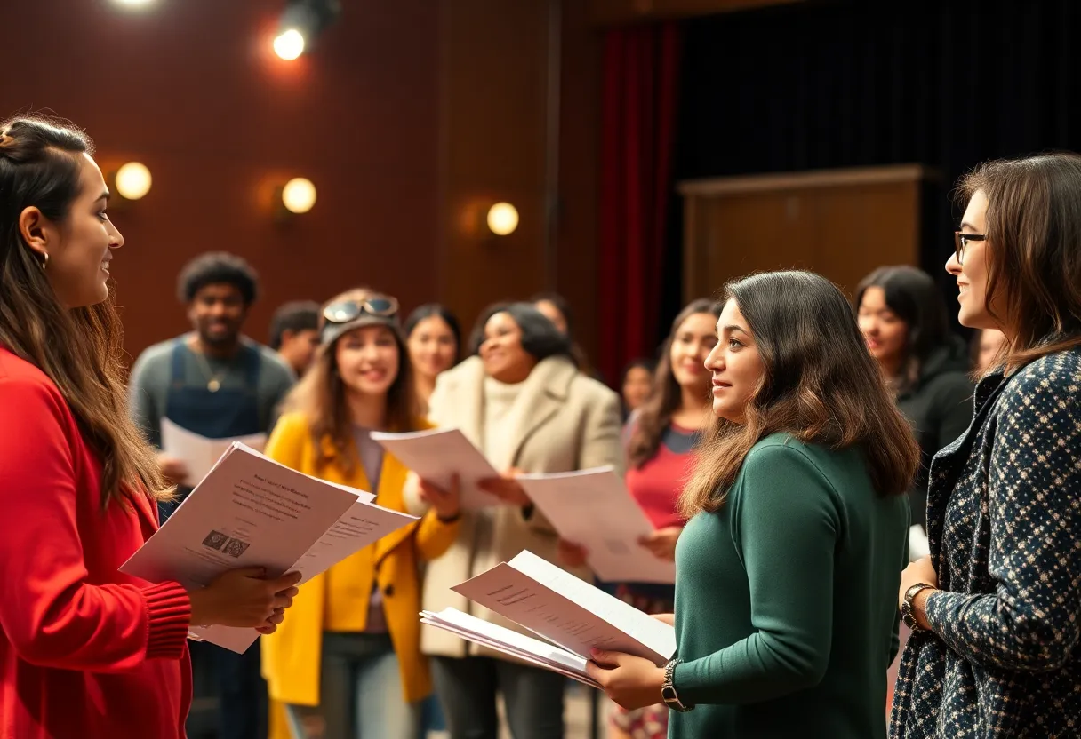 Diverse actors at a theater audition preparing monologues