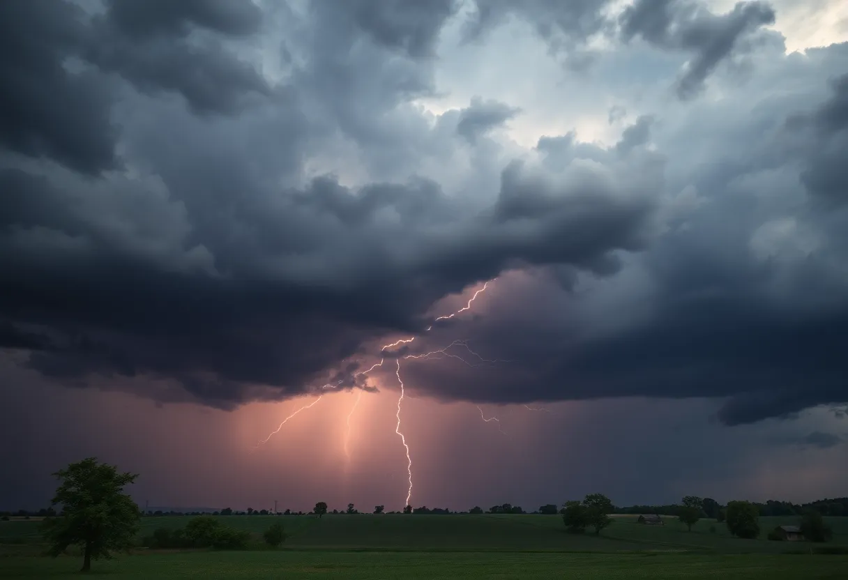 A severe thunderstorm over rural landscape with dark clouds and lightning.