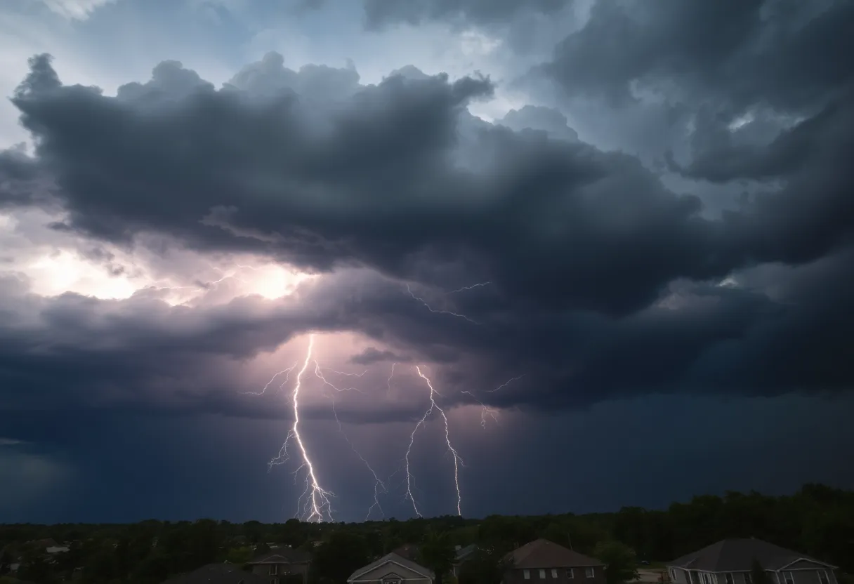 Dark clouds and lightning over Anderson County landscape