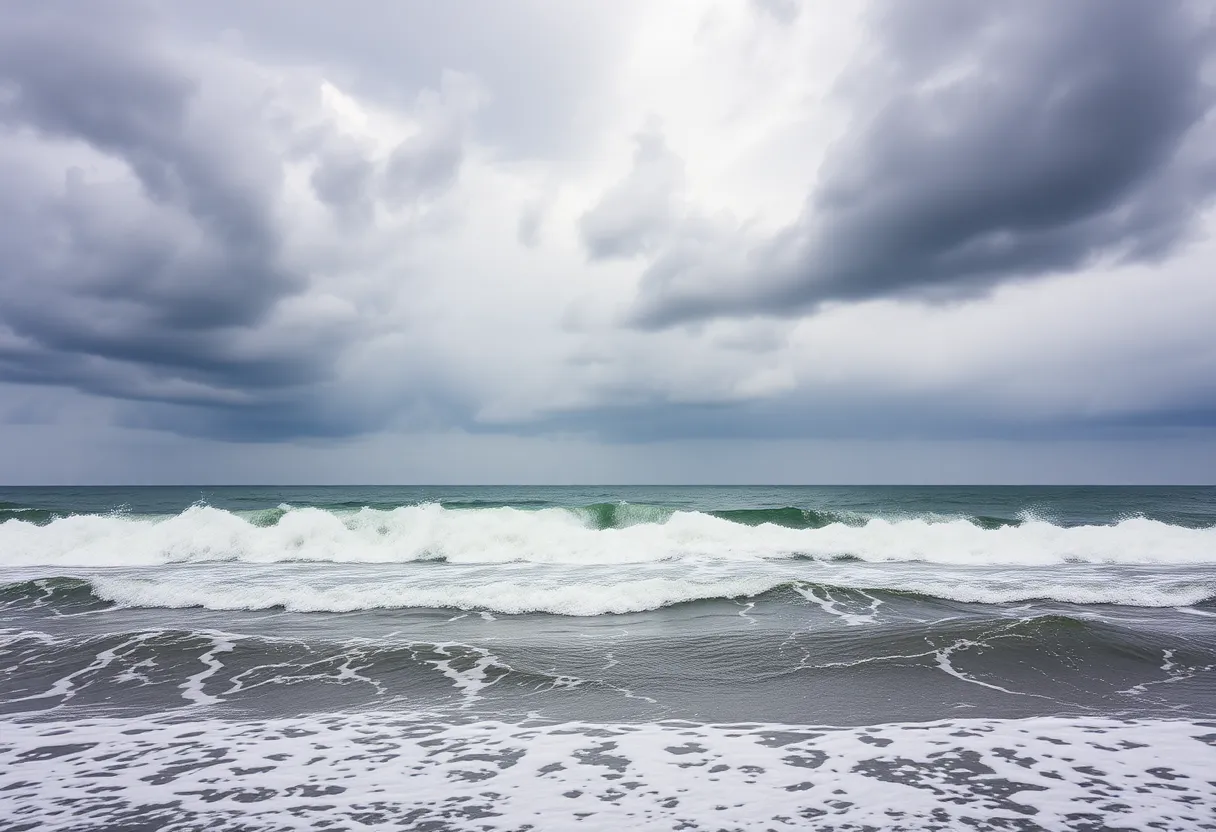 Coastline of South Carolina with storm clouds forming indicating a tropical storm.