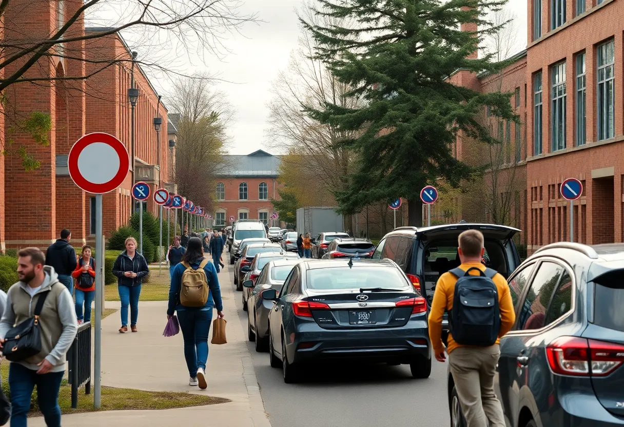 Students moving into the university campus with cars and traffic signs.