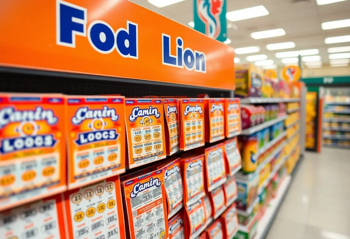 Lottery tickets on display at a supermarket