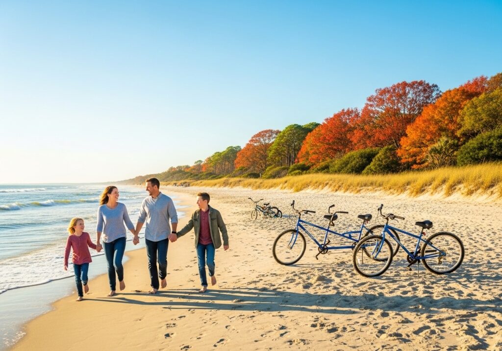 A vibrant autumn landscape of Hilton Head Island featuring a joyful family on a sunny beach with colorful fall foliage, bicycles, and ocean waves in the background.
