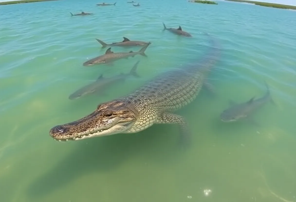 An alligator swimming with sharks in a waterway.