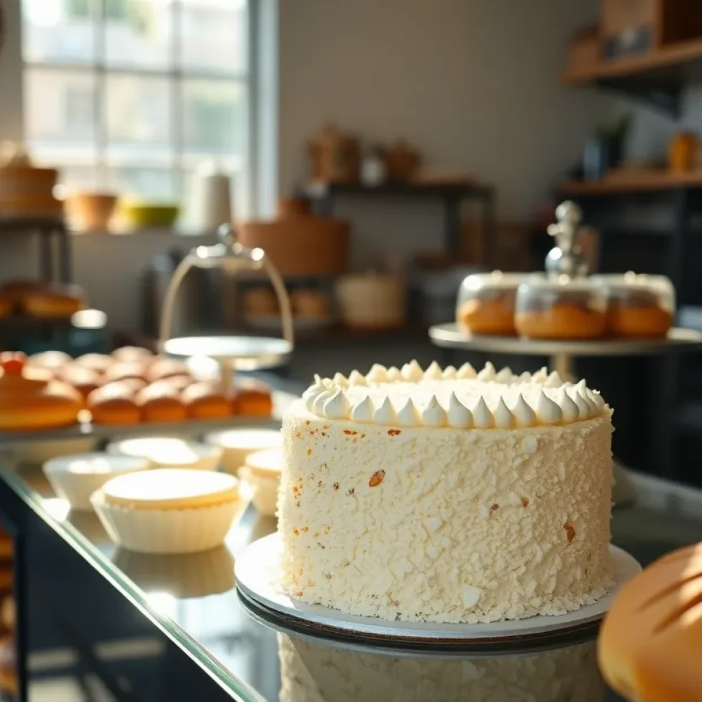 An array of baked goods, including a coconut cream cake, displayed in a warm bakery setting.