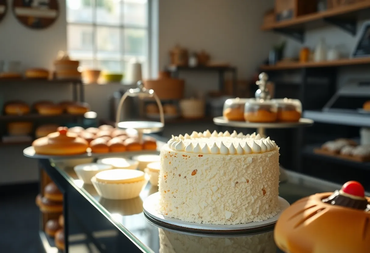 An array of baked goods, including a coconut cream cake, displayed in a warm bakery setting.