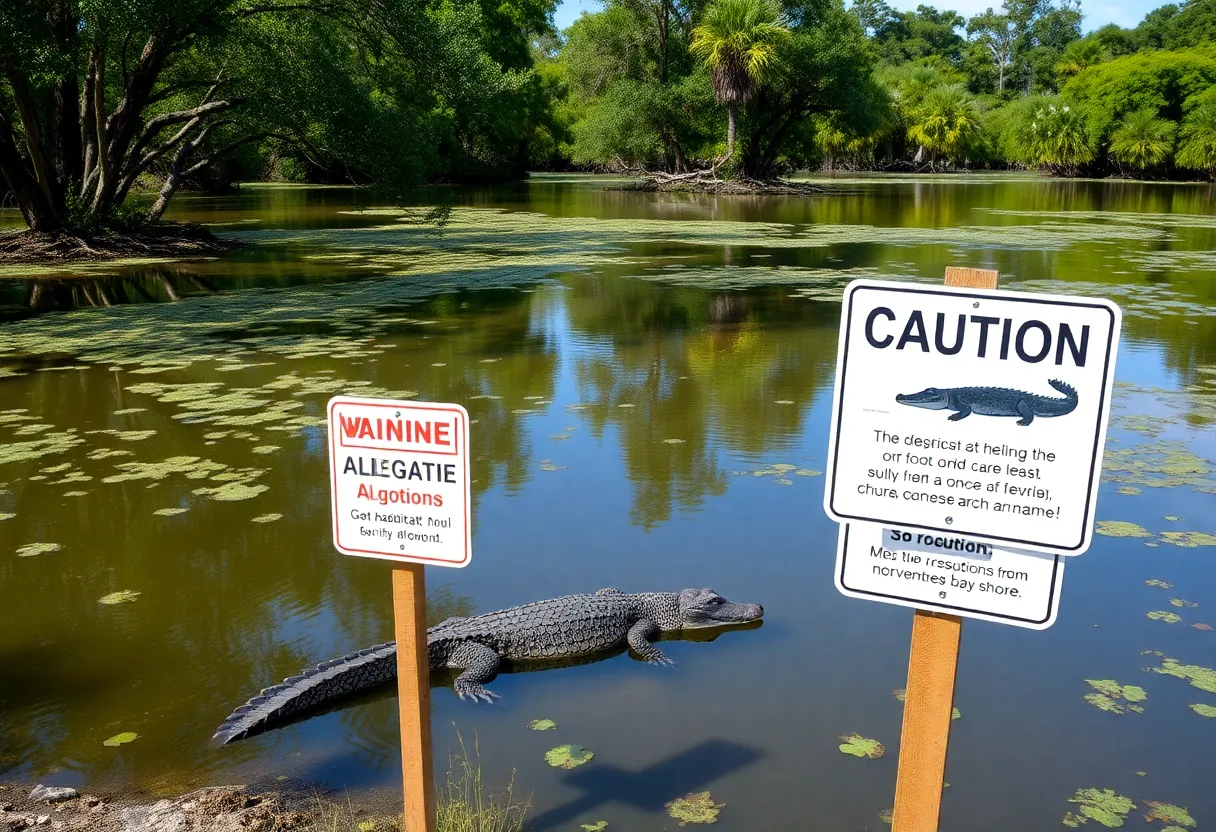 Warning sign about alligators near a lagoon in Bluffton