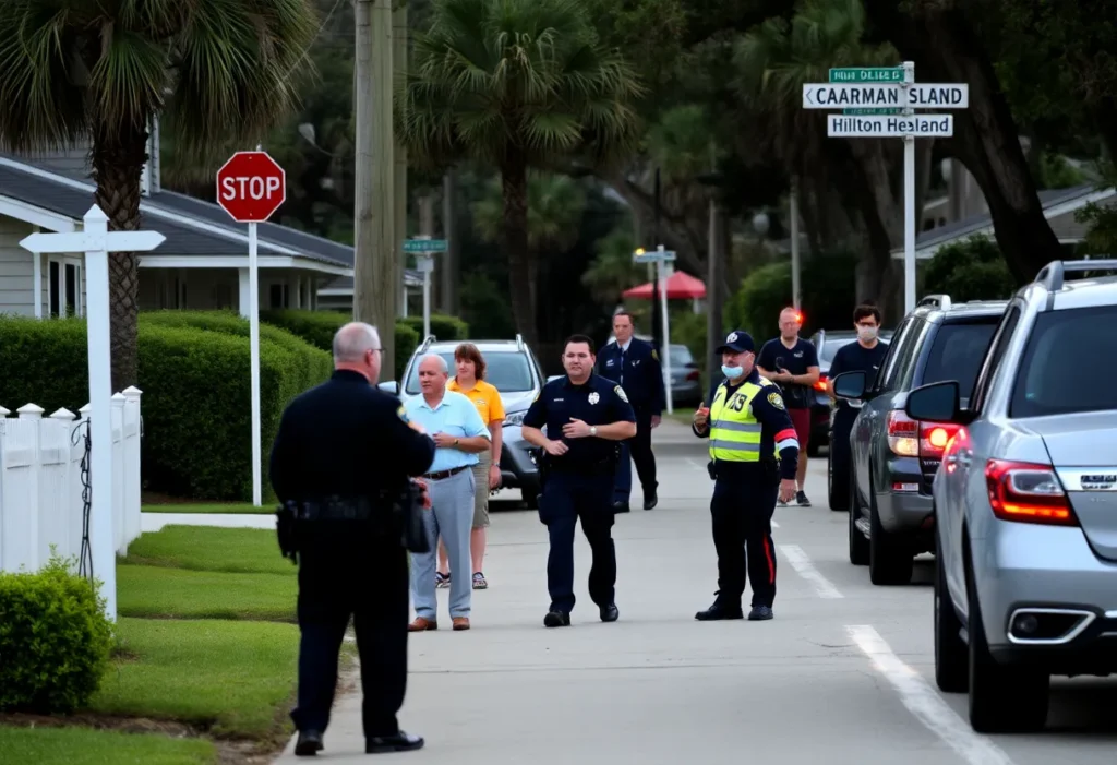 Hilton Head Island neighborhood with law enforcement presence and concerned residents.