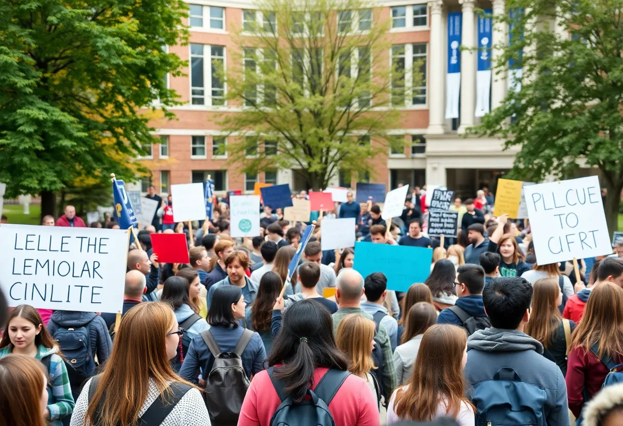 Students gathering at a university campus after the shooting incident.