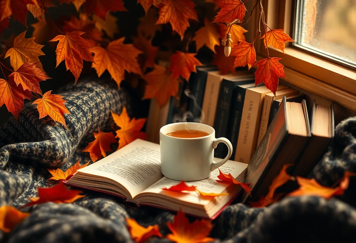 A cozy reading nook with autumn decor and books