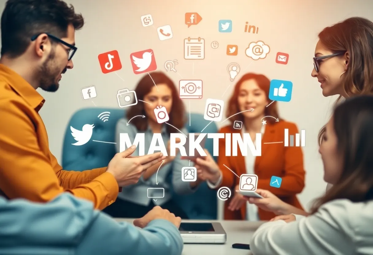 A diverse team collaborating on digital marketing strategies with social media trends