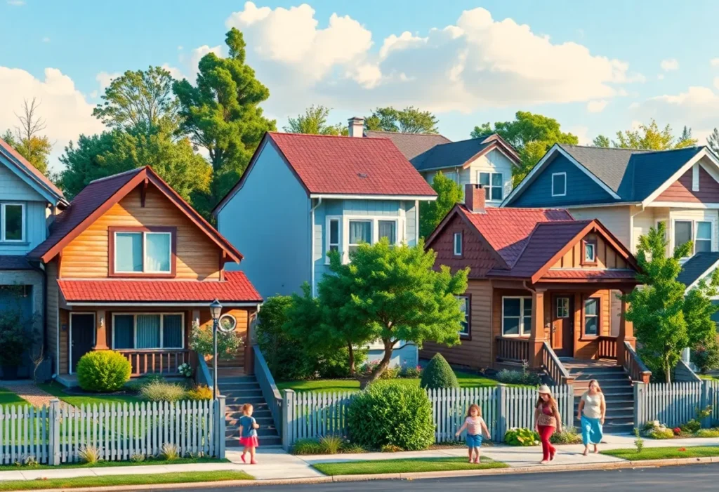 A lively street in a diverse neighborhood showcasing different styles of homes.