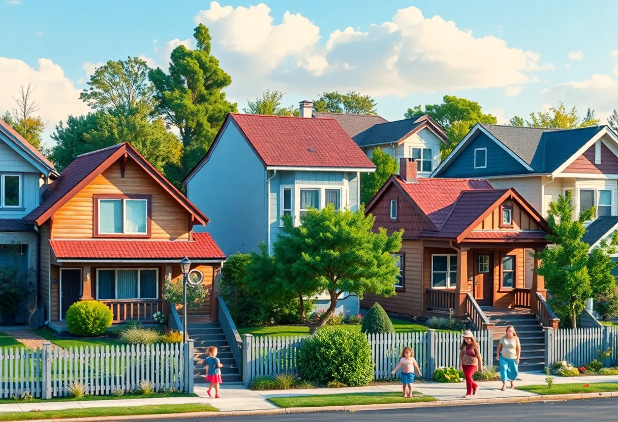 A lively street in a diverse neighborhood showcasing different styles of homes.