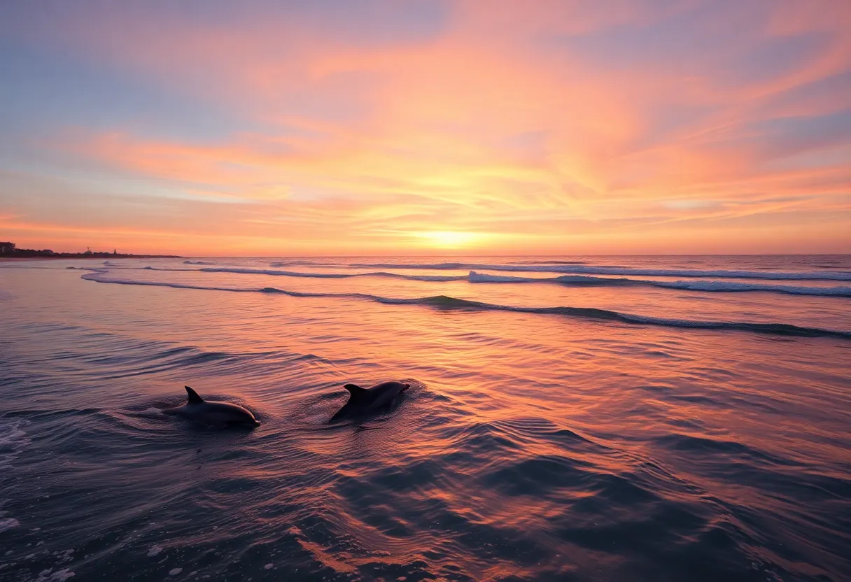 Atlantic bottlenose dolphins swimming near Folly Beach shore
