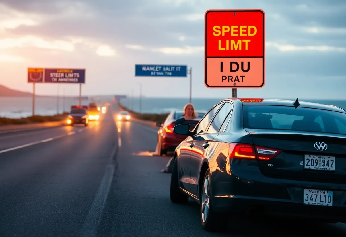 A car crash scene on a coastal highway with warning signs for DUI.