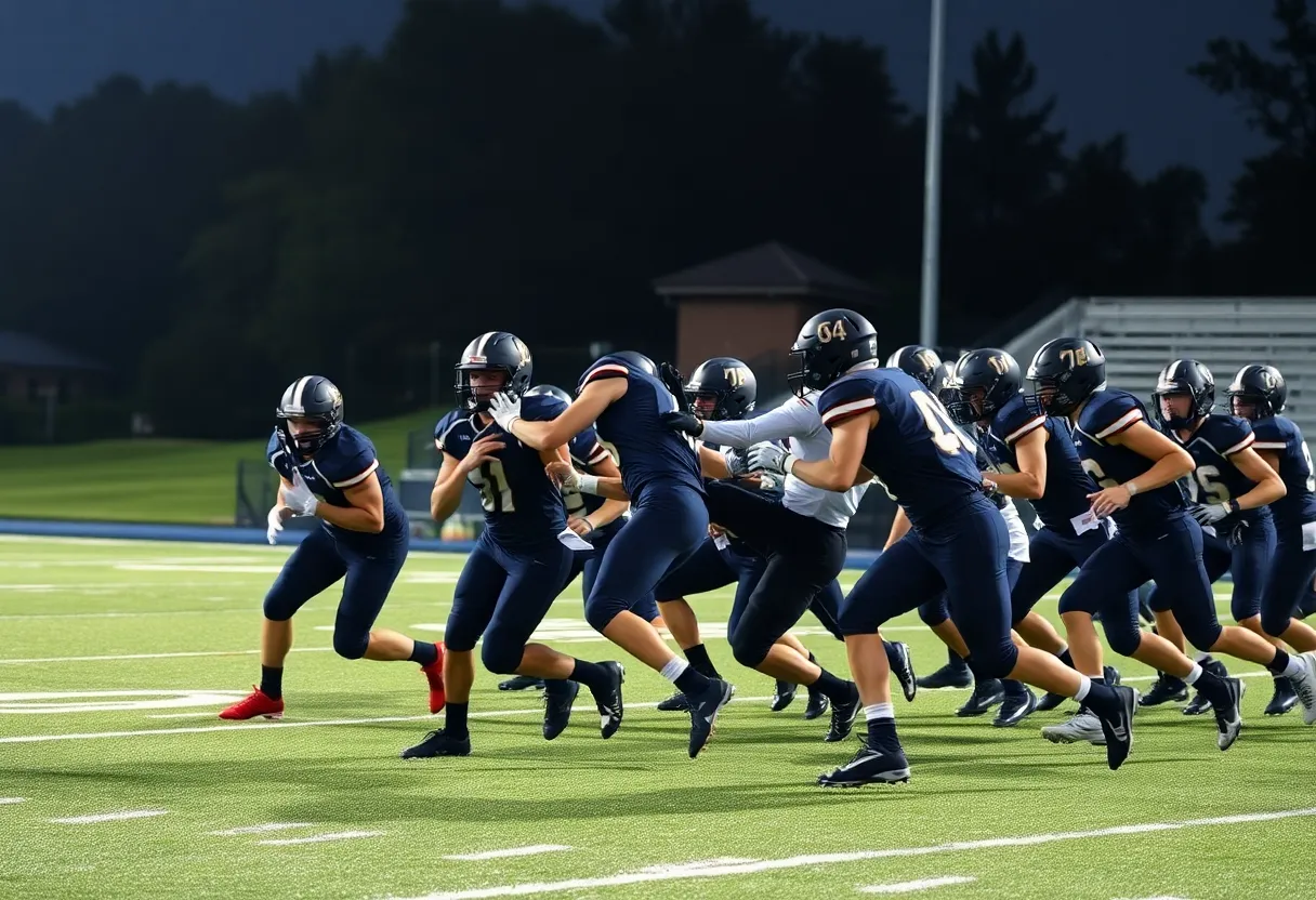 High school football team making a play on the field