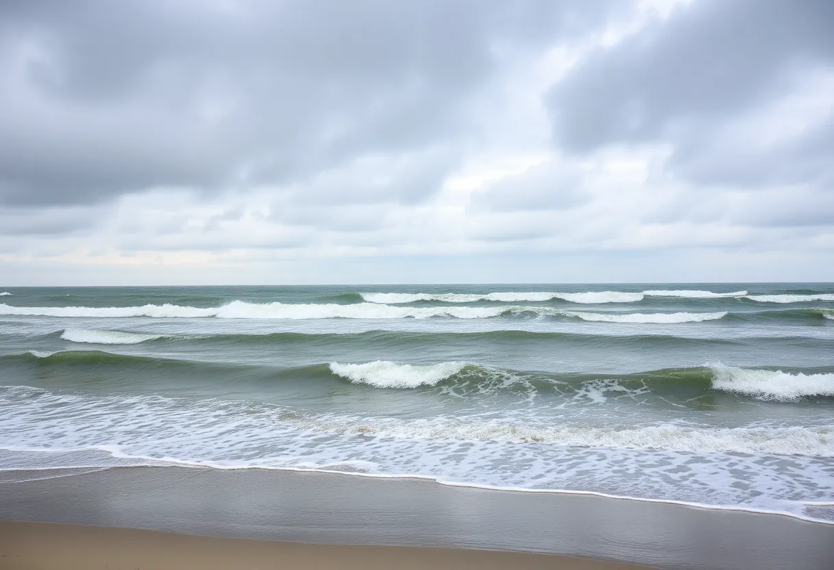 Large waves crashing on a South Carolina beach during a high surf advisory