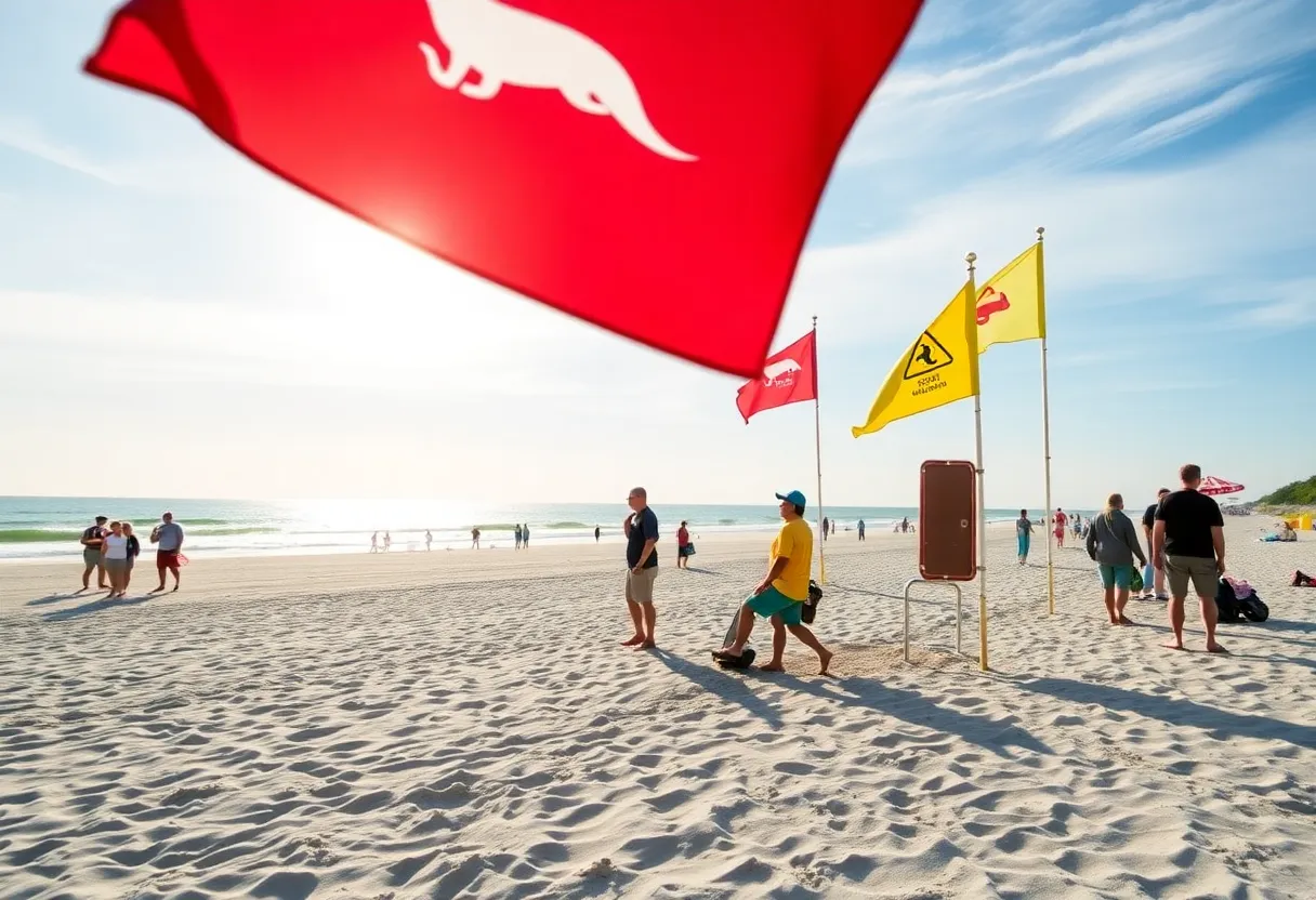 Lifeguards monitoring the beach at Hilton Head Island with safety flags displayed.