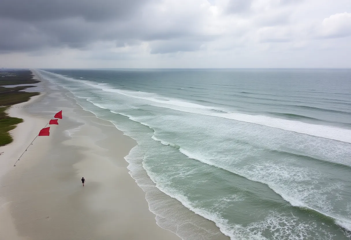 Aerial view of Hilton Head Island beaches with red flags and rough surf during Tropical Storm Erin.