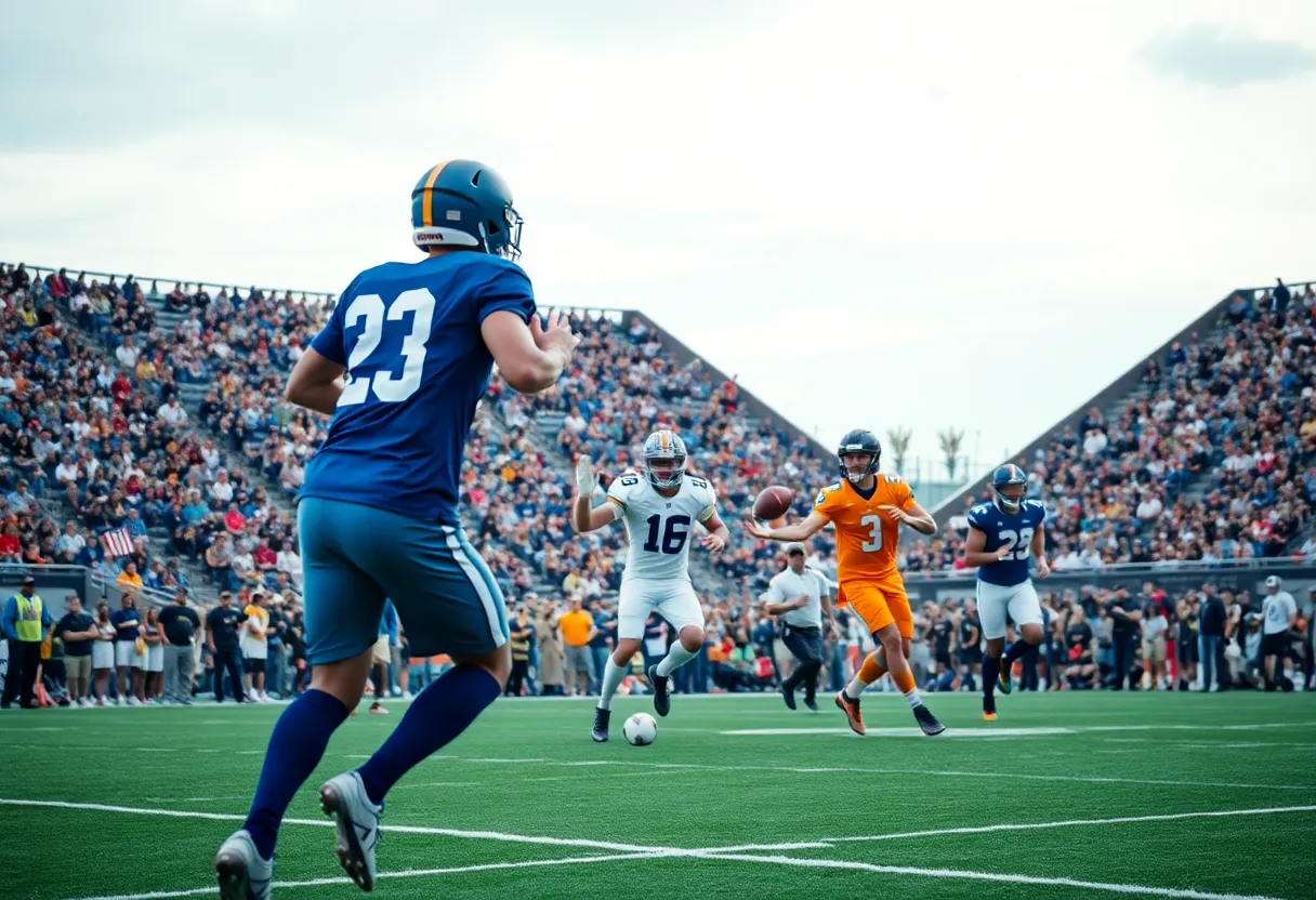 Exciting football match between two teams on the field