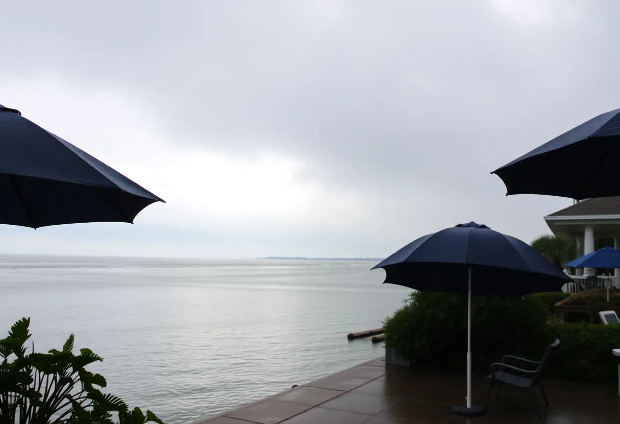 Cloudy and rainy day on Hilton Head Island with umbrellas