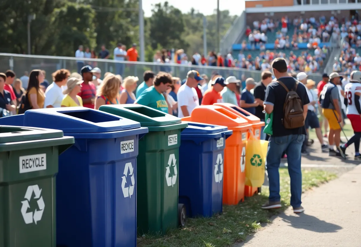 People engaging in recycling activities at Hilton Head Island football game.