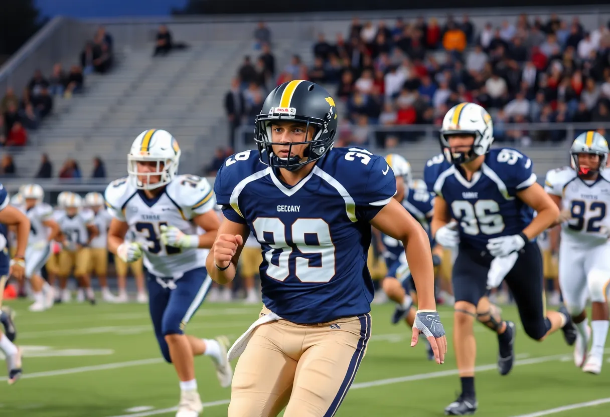 Players in motion during a high school football game between Hilton Head Island and Aiken