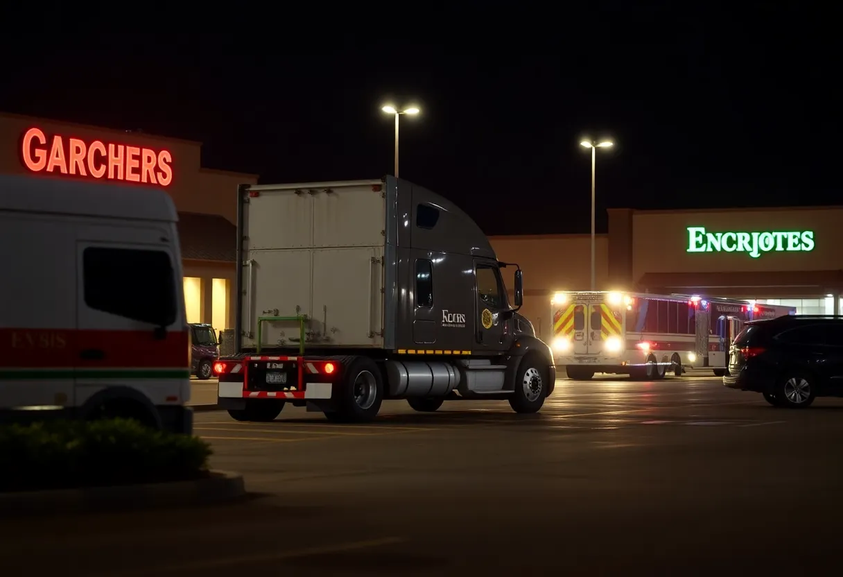 Emergency services at a parking lot where a pedestrian accident occurred.
