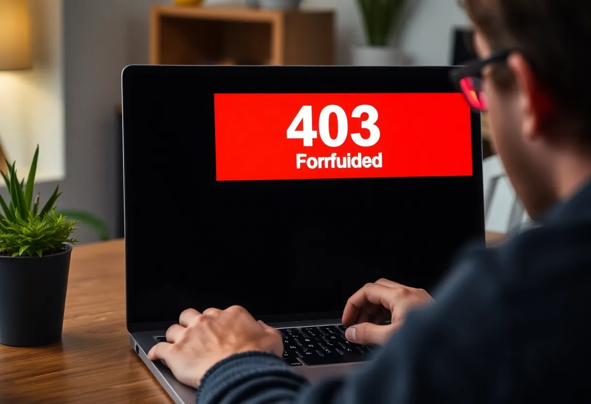 A laptop displaying a '403 Forbidden' error message