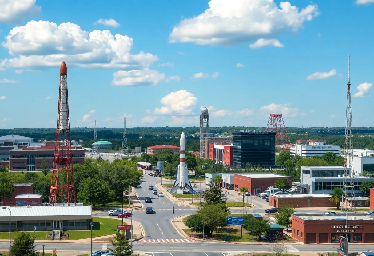 View of Huntsville, Alabama with space-themed elements