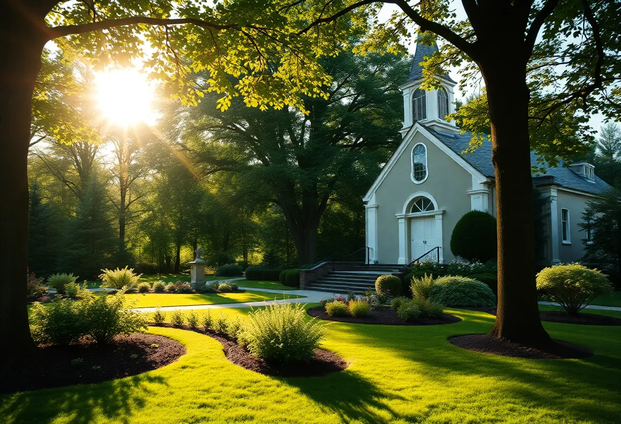 A serene church garden evoking community and faith in remembrance.