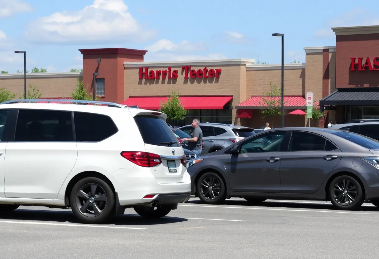 An overview of a parking lot with cars and pedestrians, emphasizing safety concerns.