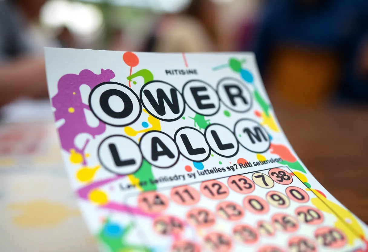 A vibrant Powerball lottery ticket surrounded by symbols of luck