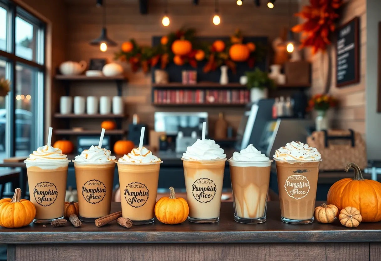 Pumpkin spice drinks displayed in a coffee shop during autumn.