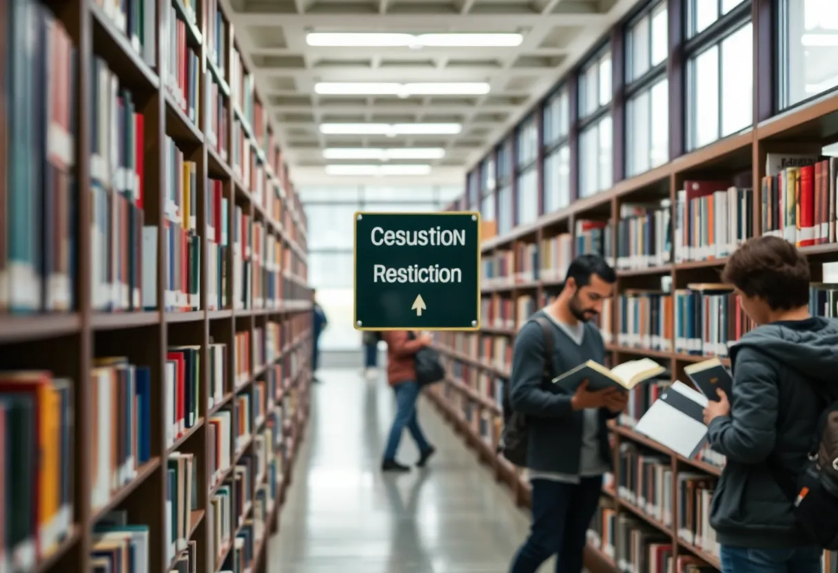 Library shelves with a restricted access sign in Beaufort County