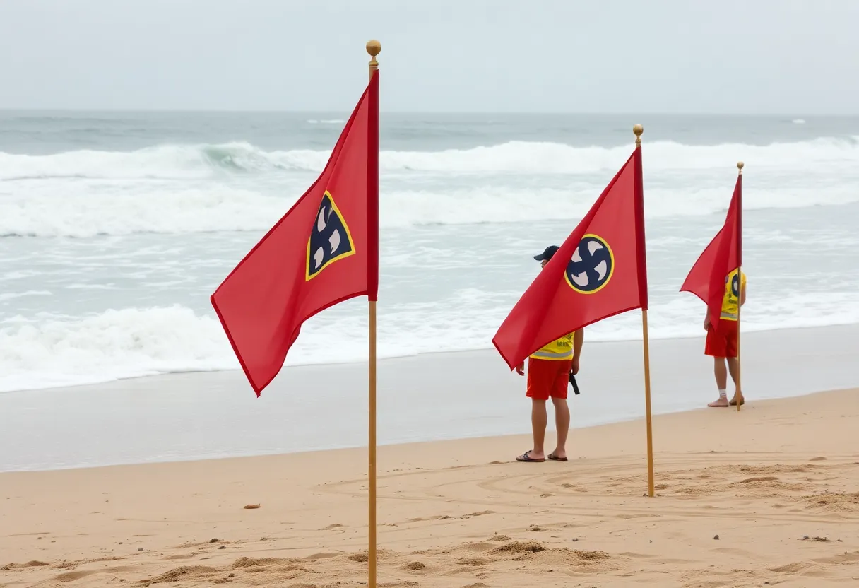 Beach with warning flags for rip currents and lifeguards