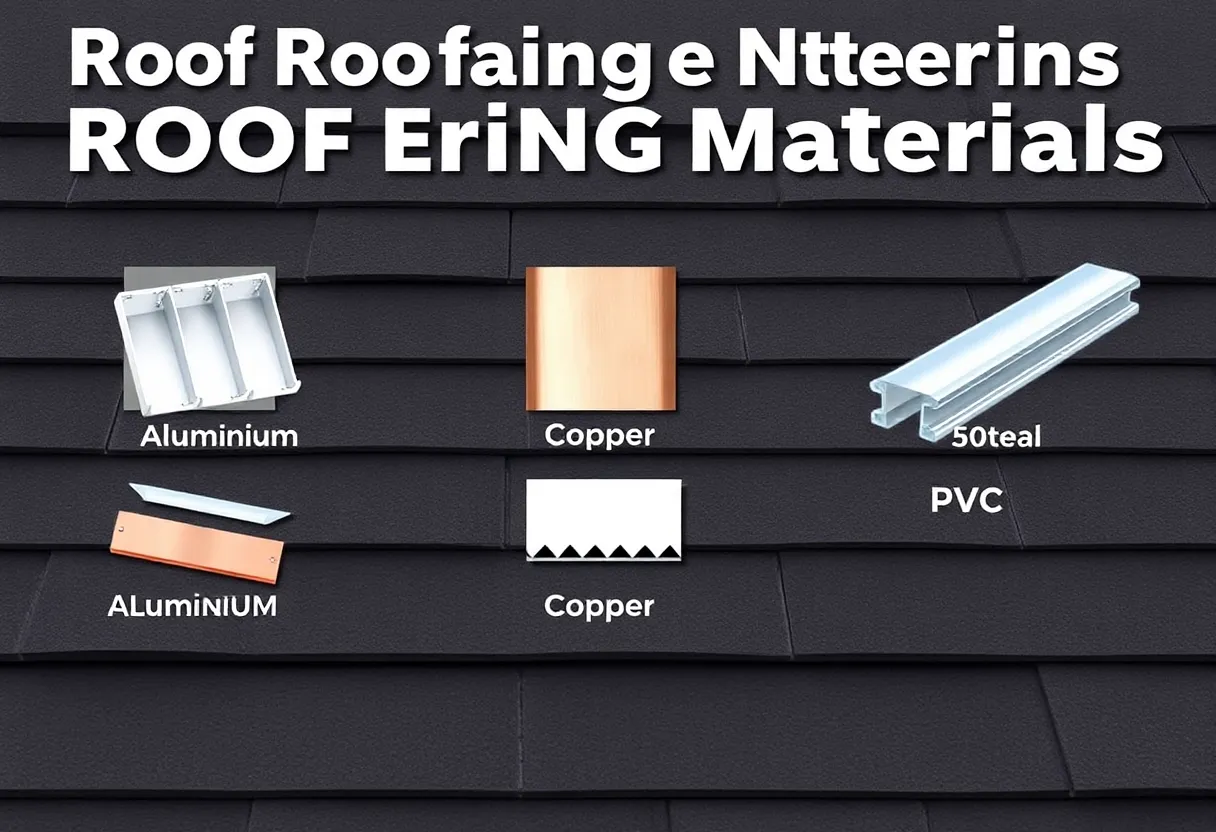 Illustration showcasing different types of roof flashing materials including aluminum, steel, copper, lead, and PVC.