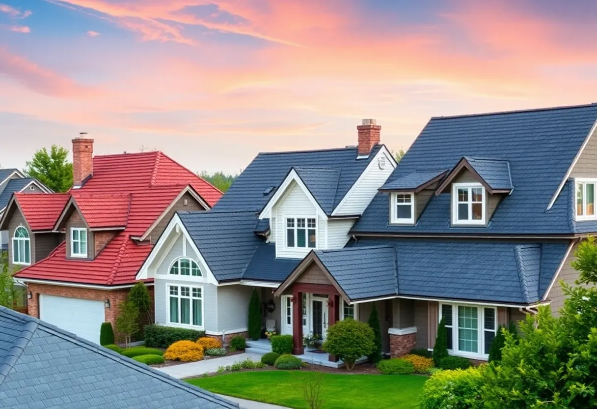 A neighborhood with homes having different roof pitches: steep and low.