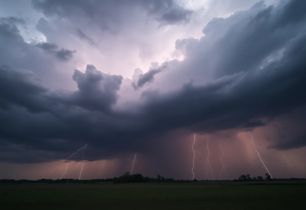 Dramatic storm clouds with lightning over Laurens County
