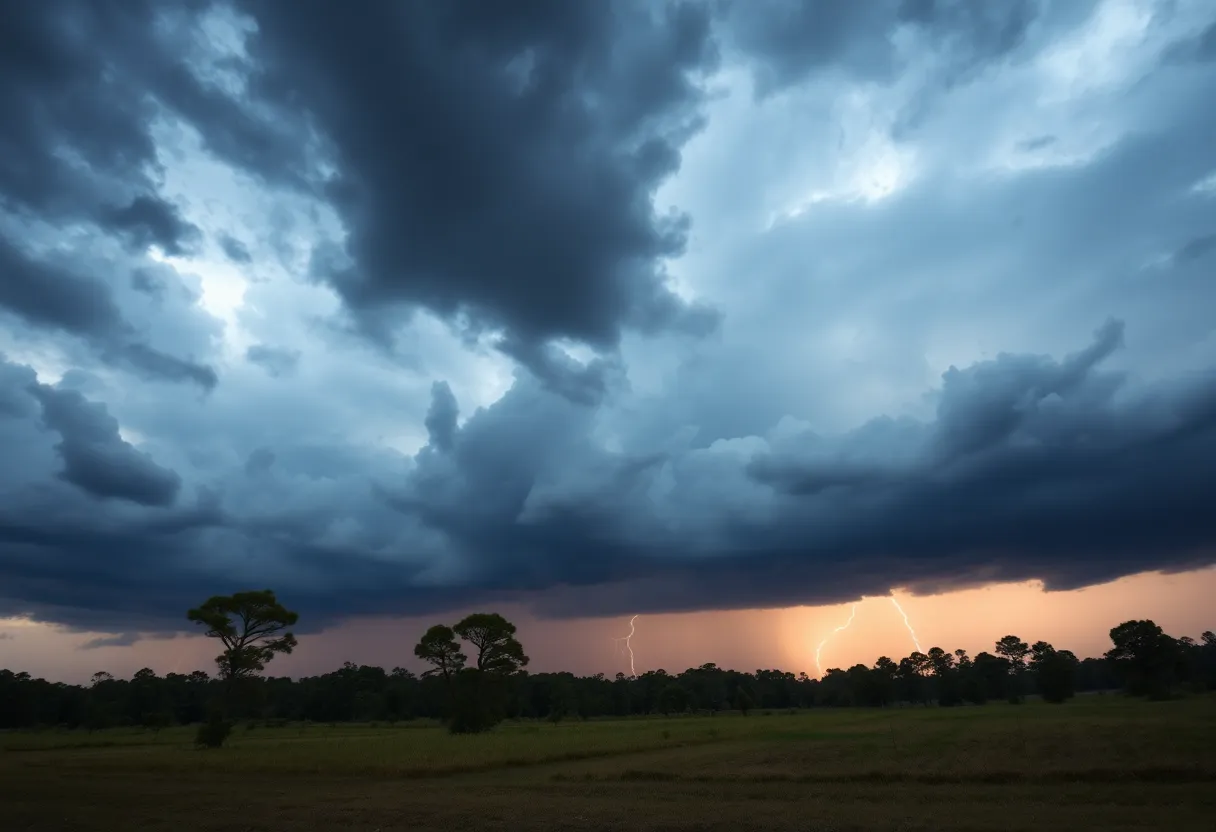 Dark thunderstorm clouds approaching a South Carolina landscape