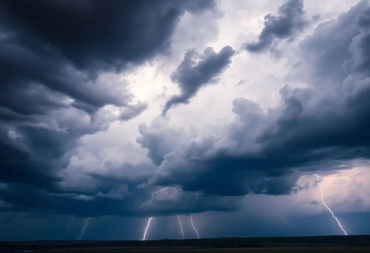 Dark storm clouds indicating severe weather over a landscape.