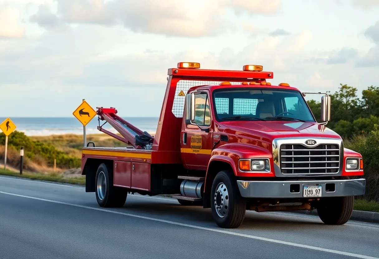 Tow truck with caution signs on Hilton Head Island