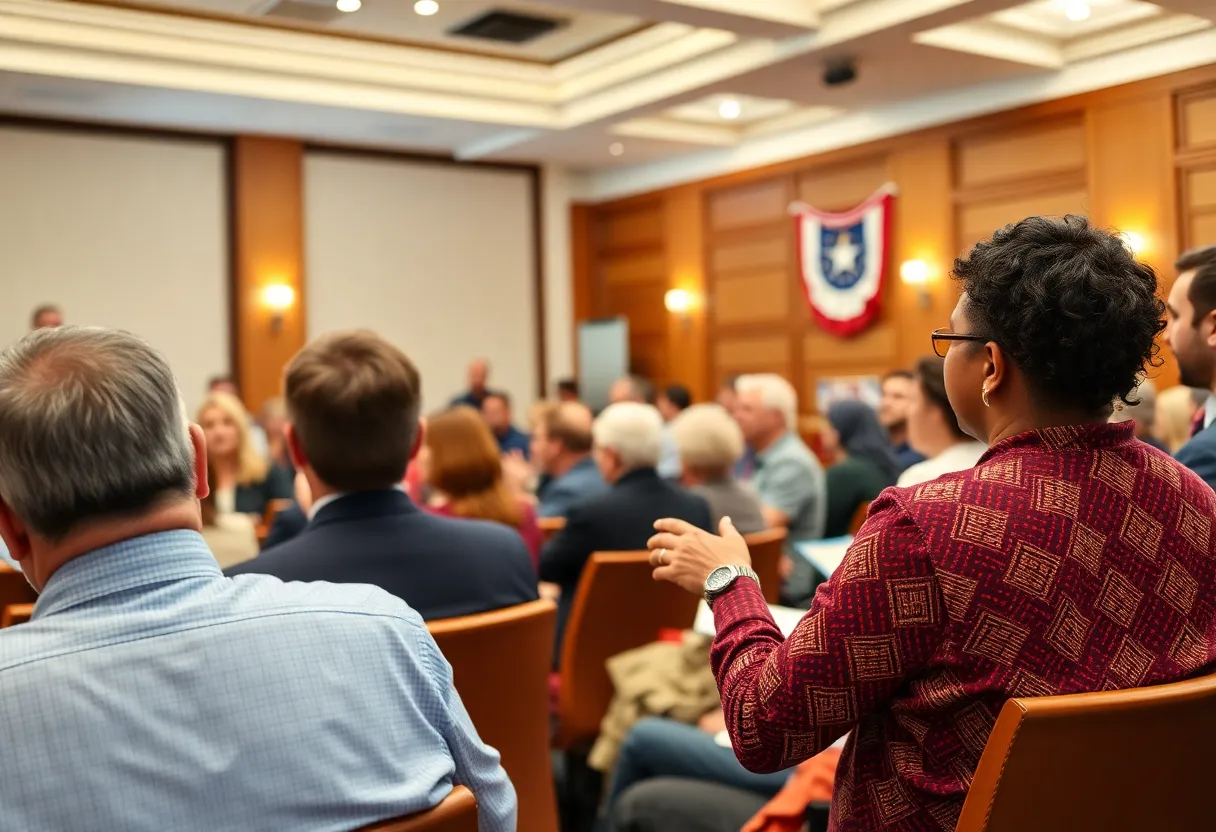 Community members gathered at a town hall meeting discussing political issues.