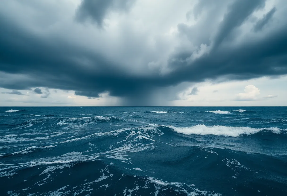 Dramatic view of turbulent ocean waves with dark storm clouds above indicative of an approaching tropical storm.